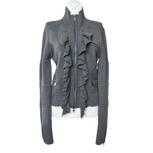 Diane Von Furstenberg Gray Ruffled Zip-Up Wool Sweater